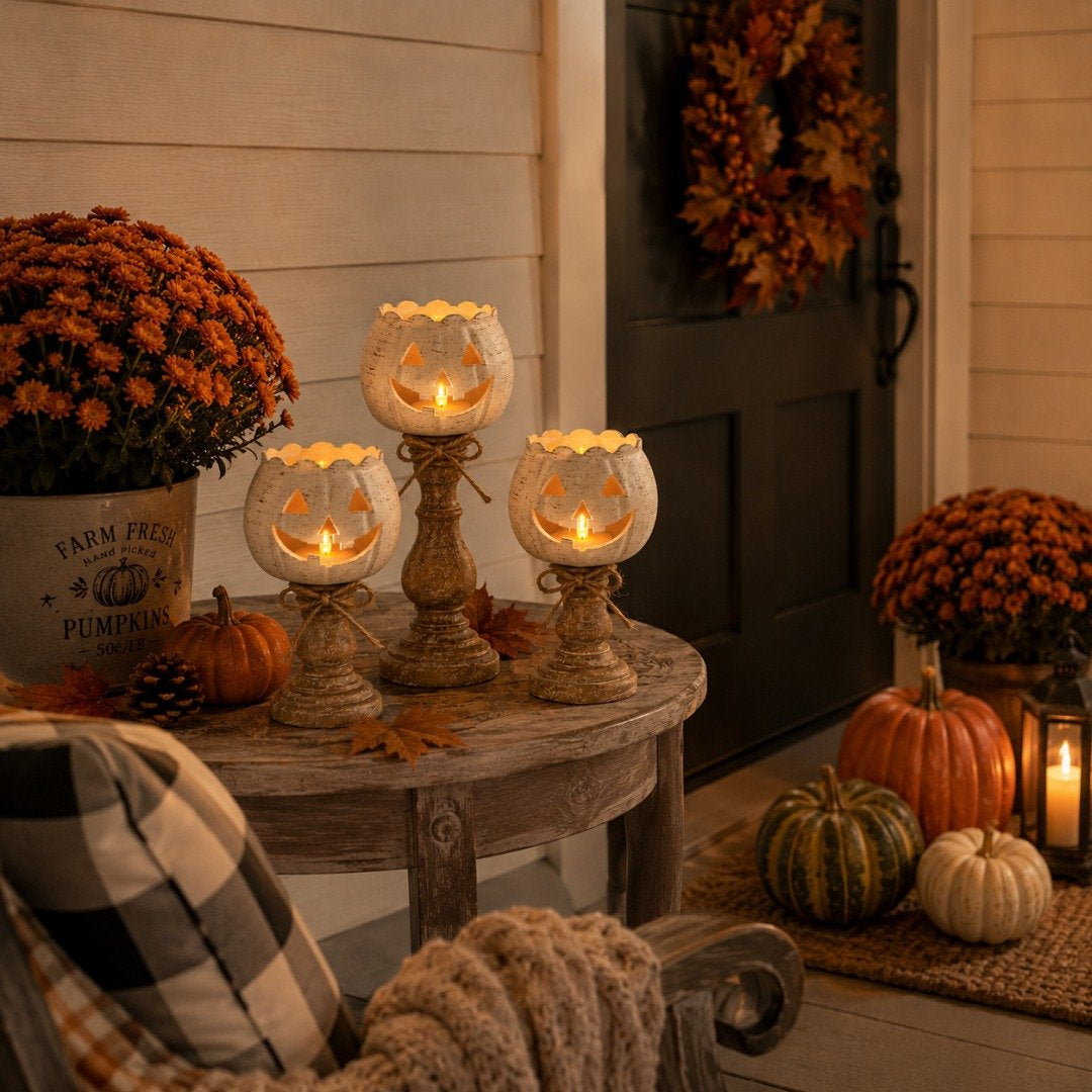 π Last Day 50% OFFβ¨-π―οΈ Set of 3 White Pumpkin Candle Holders for Cozy Autumn Home Decor β¨