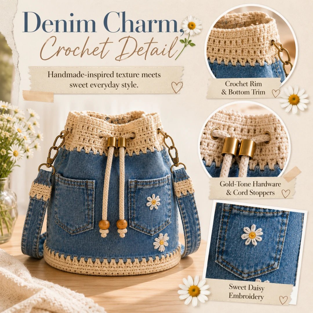 👜✨Handmade Denim Crochet Bucket Bag Stylish Woven Shoulder Tote Everyday Fashion✨👜