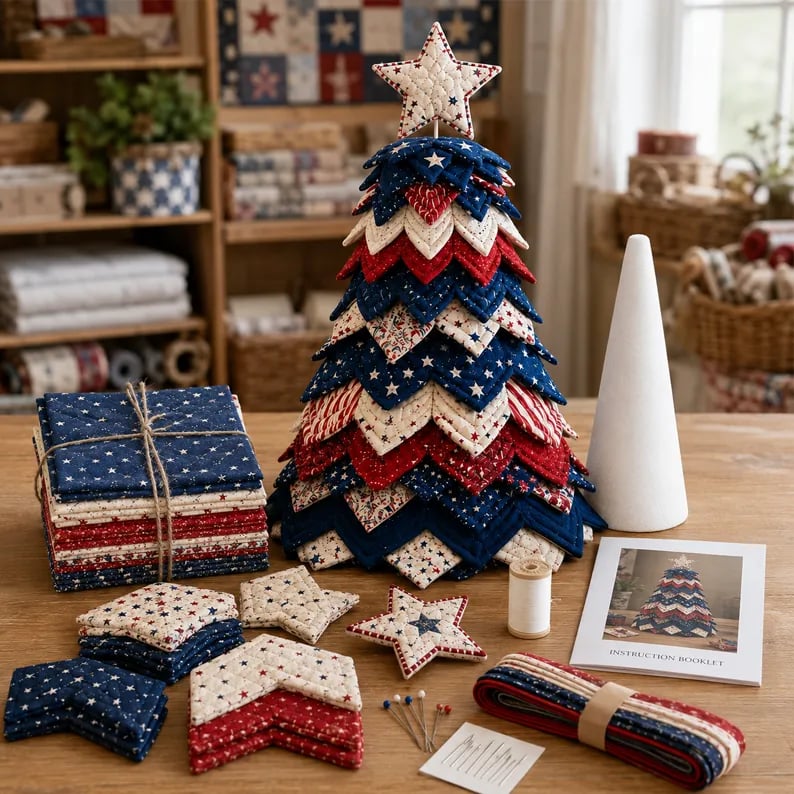 đ„LAST DAY 50% OFF - đAmericana Christmas Tree Quilt Kit â Easy Layered Fabric Holiday DĂ©cor for Quilting Lovers