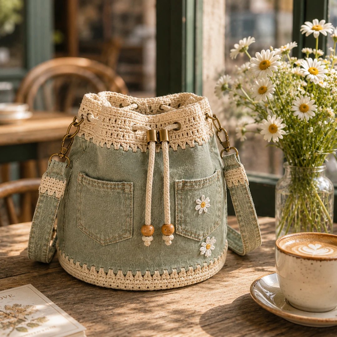 👜✨Handmade Denim Crochet Bucket Bag Stylish Woven Shoulder Tote Everyday Fashion✨👜