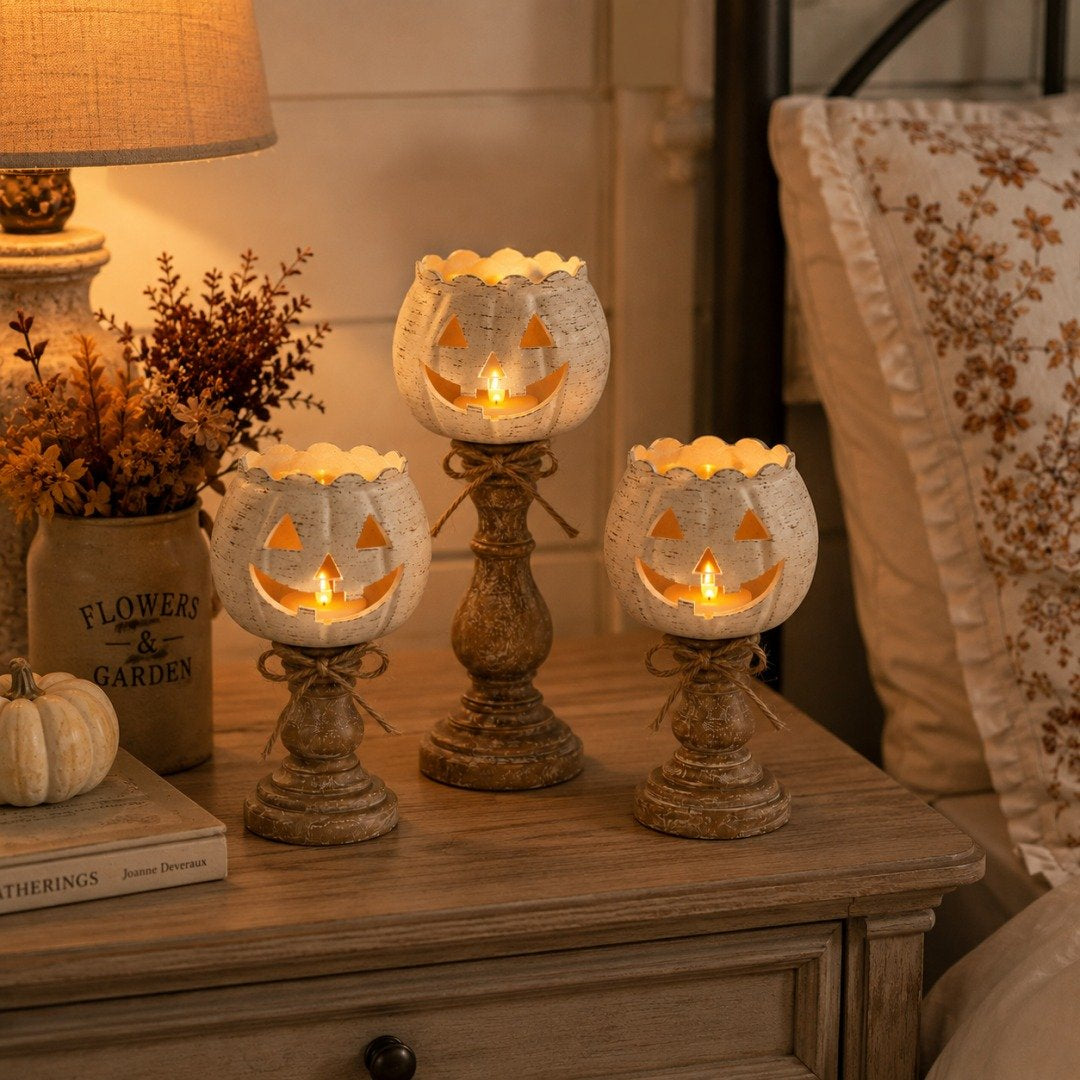 π Last Day 50% OFFβ¨-π―οΈ Set of 3 White Pumpkin Candle Holders for Cozy Autumn Home Decor β¨