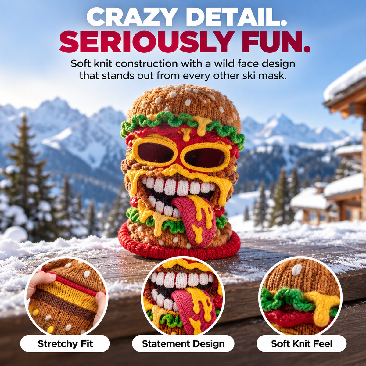 ๐ 50% OFF โ Funny Burger Monster Knit Ski Mask โ Novelty Food Balaclava ๐โ๏ธ