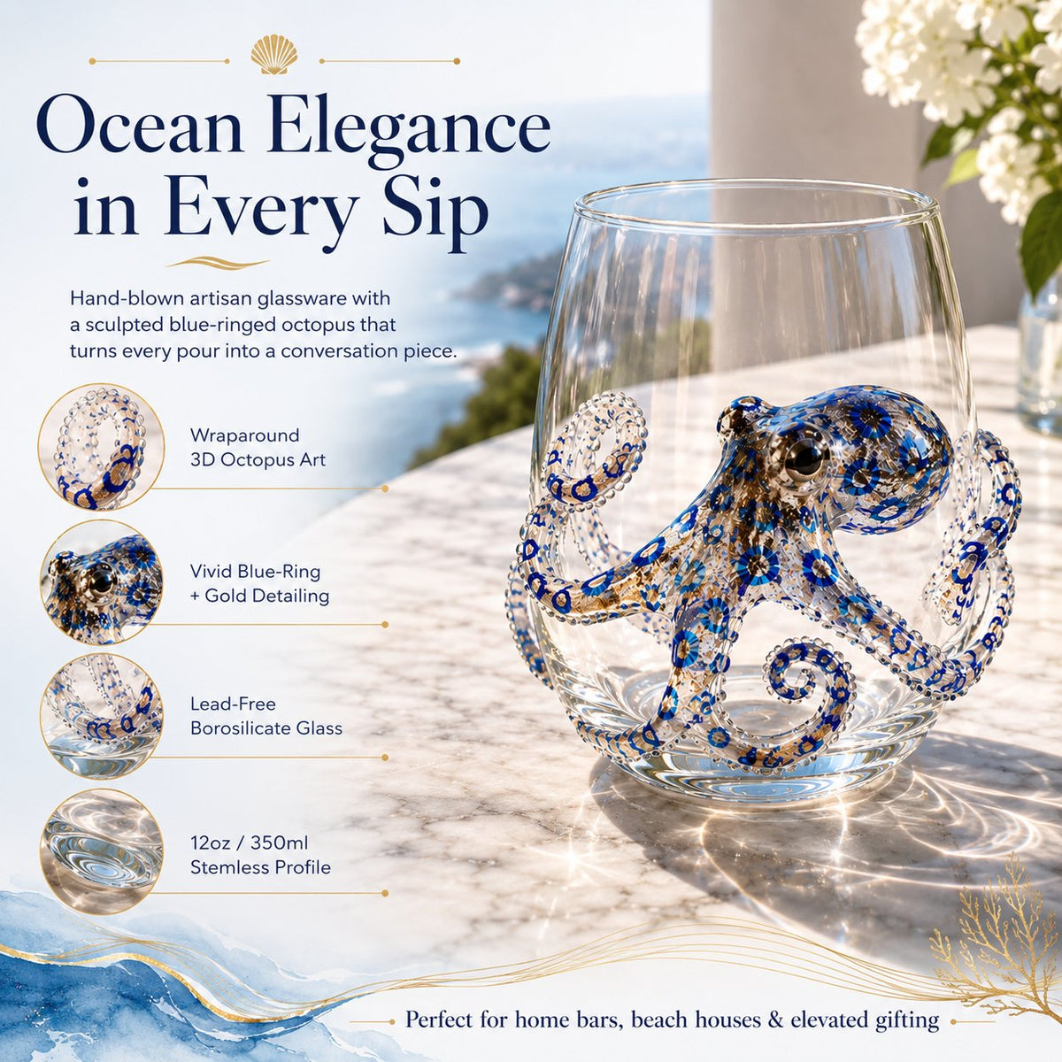 đ 3D Ocean Animal Artisan Glassware Collection for Fresher Sips, Coastal Elegance & Elevated Home Bar Vibes
