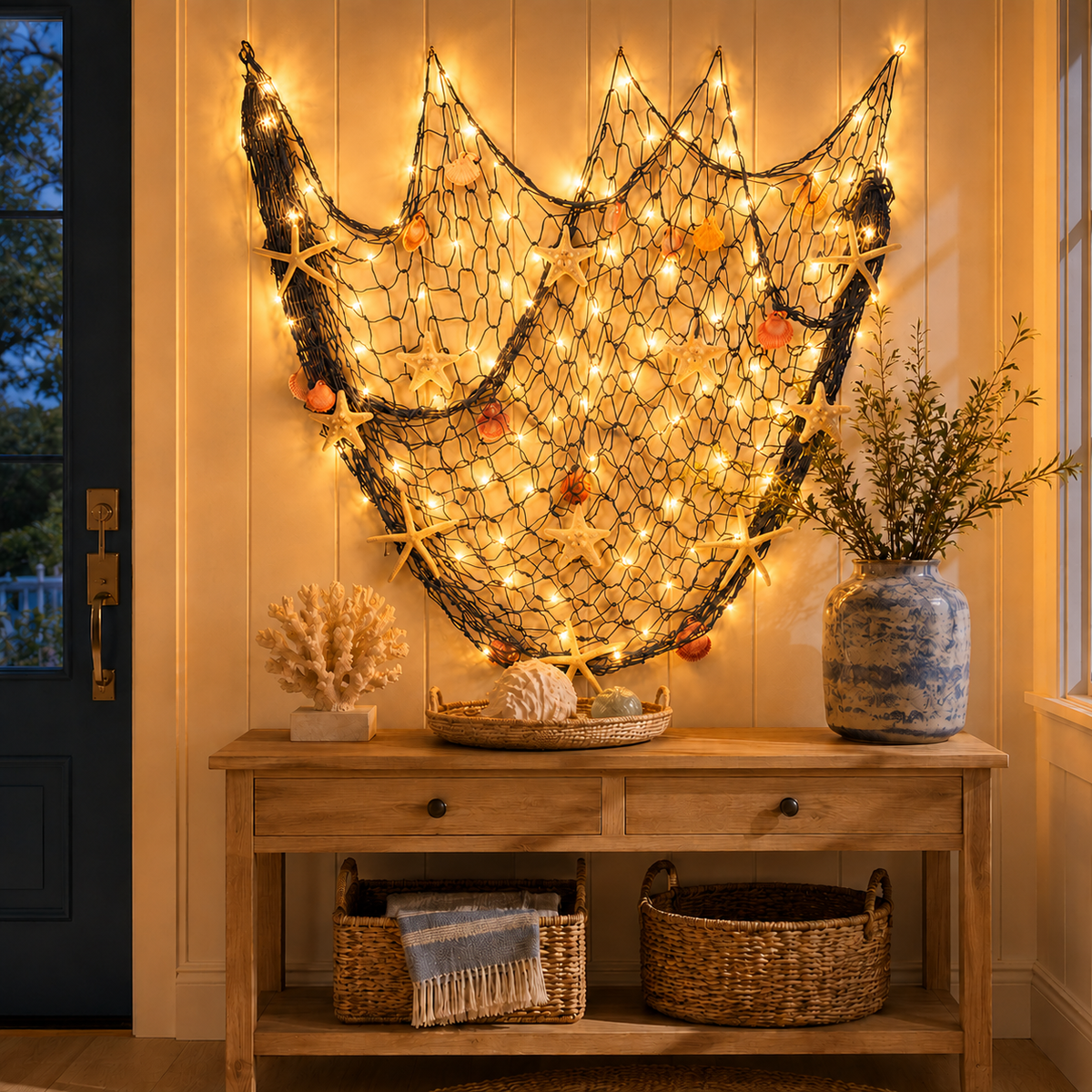 πβ¨ Coastal Fishing Net Wall Hanging with Fairy Lights