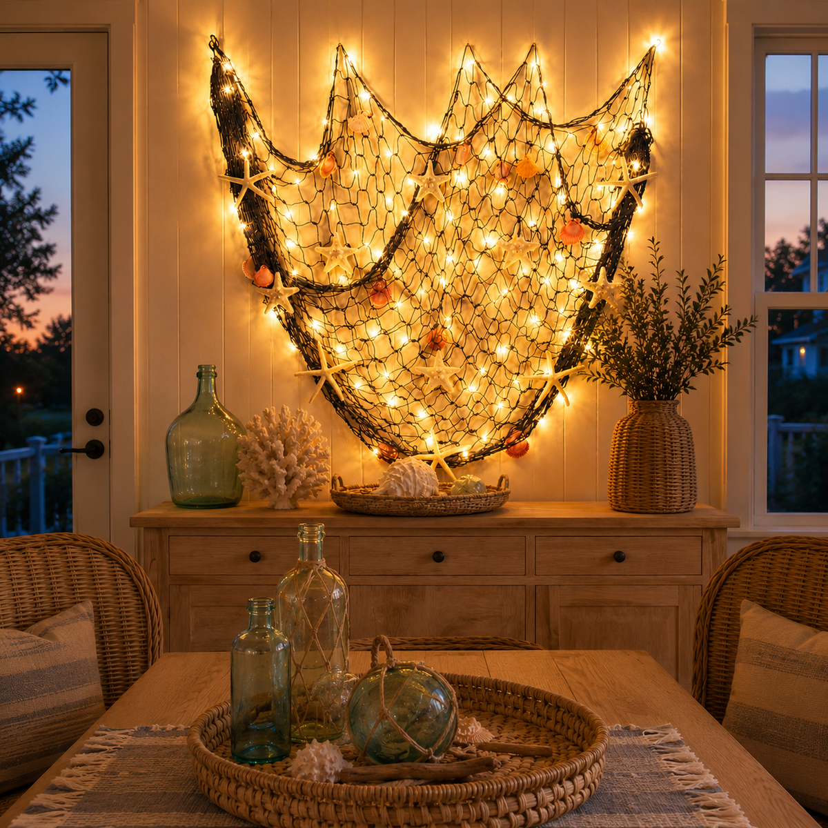 πβ¨ Coastal Fishing Net Wall Hanging with Fairy Lights