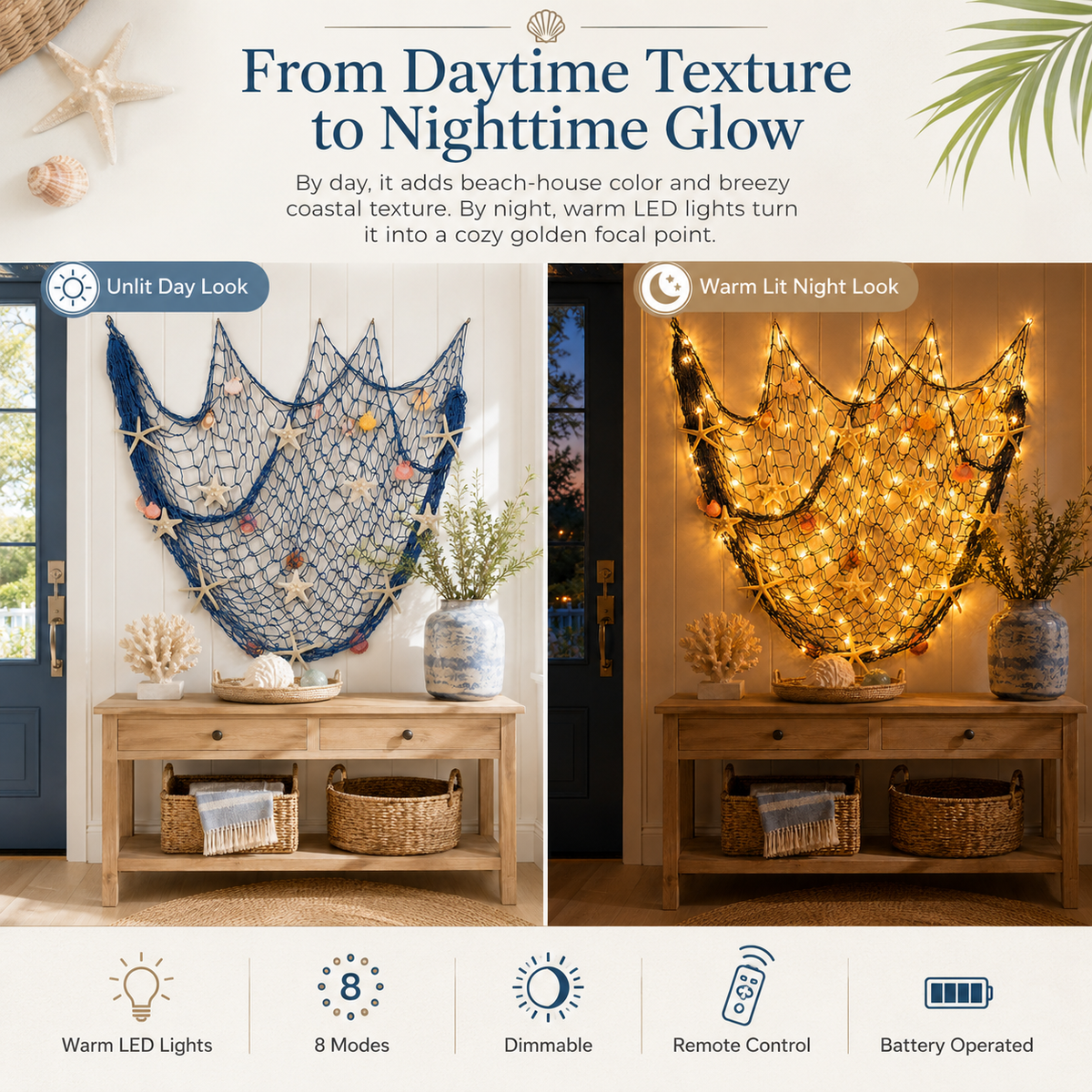 πβ¨ Coastal Fishing Net Wall Hanging with Fairy Lights