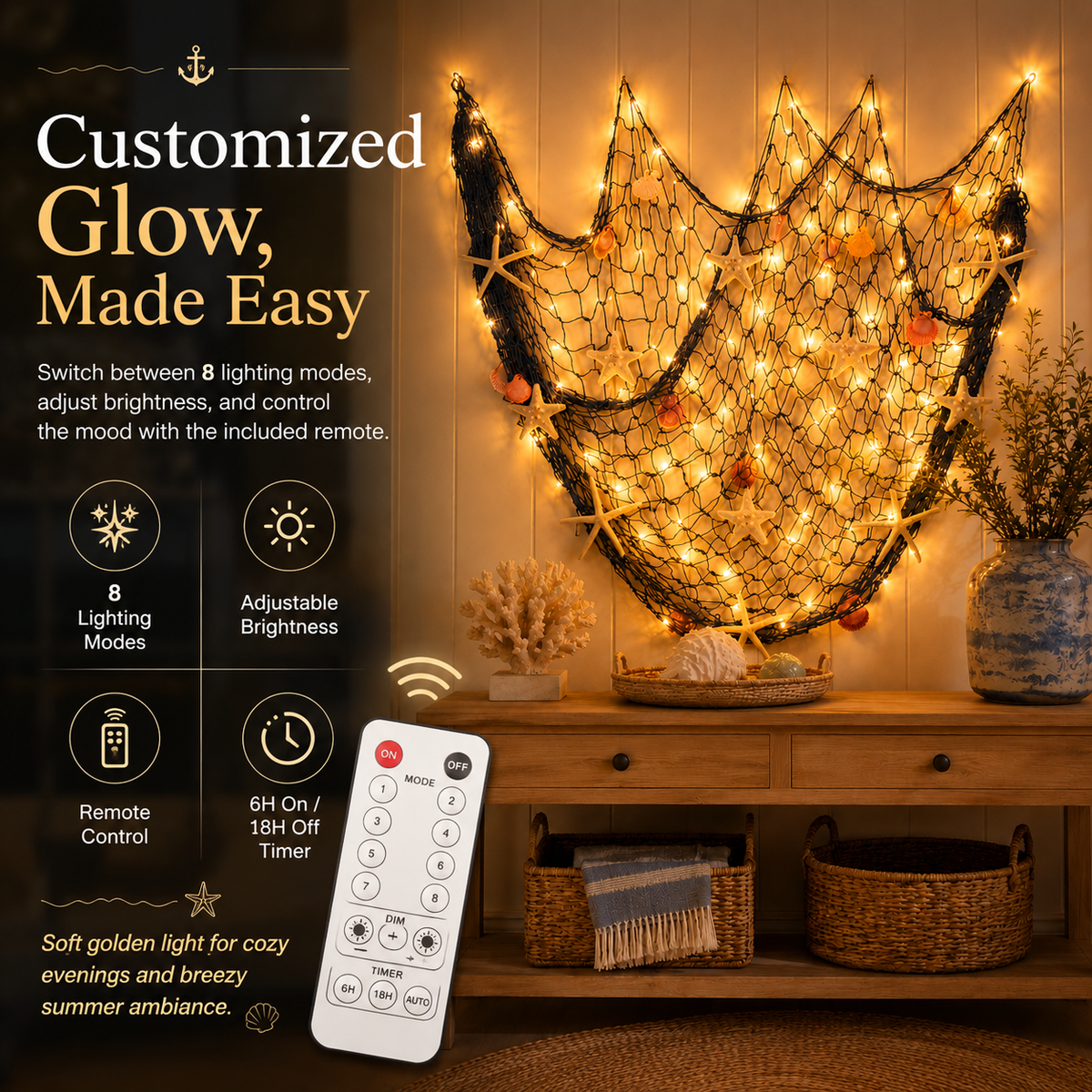 πβ¨ Coastal Fishing Net Wall Hanging with Fairy Lights
