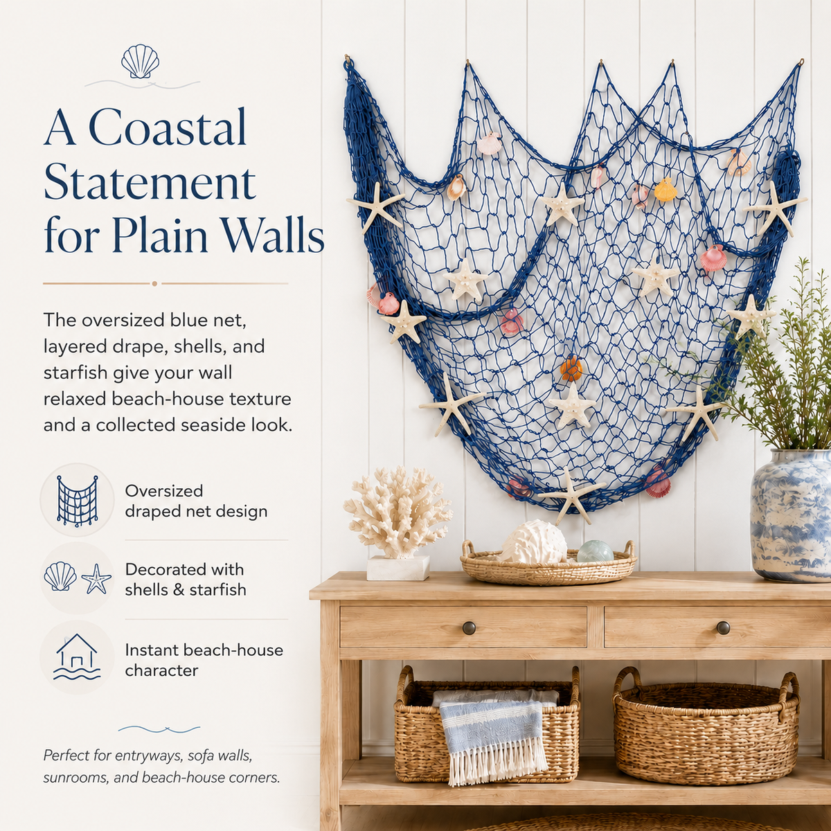 πβ¨ Coastal Fishing Net Wall Hanging with Fairy Lights