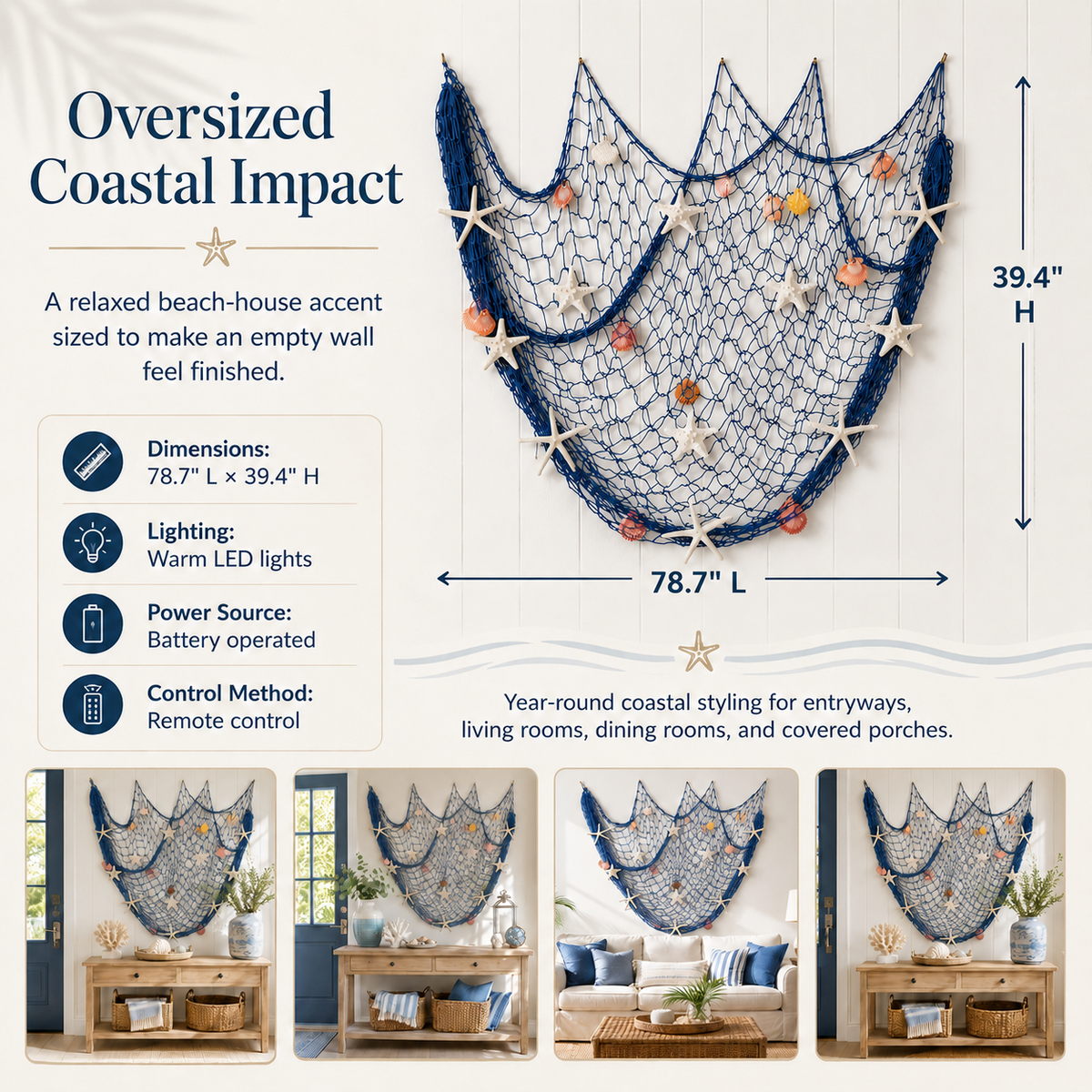 πβ¨ Coastal Fishing Net Wall Hanging with Fairy Lights