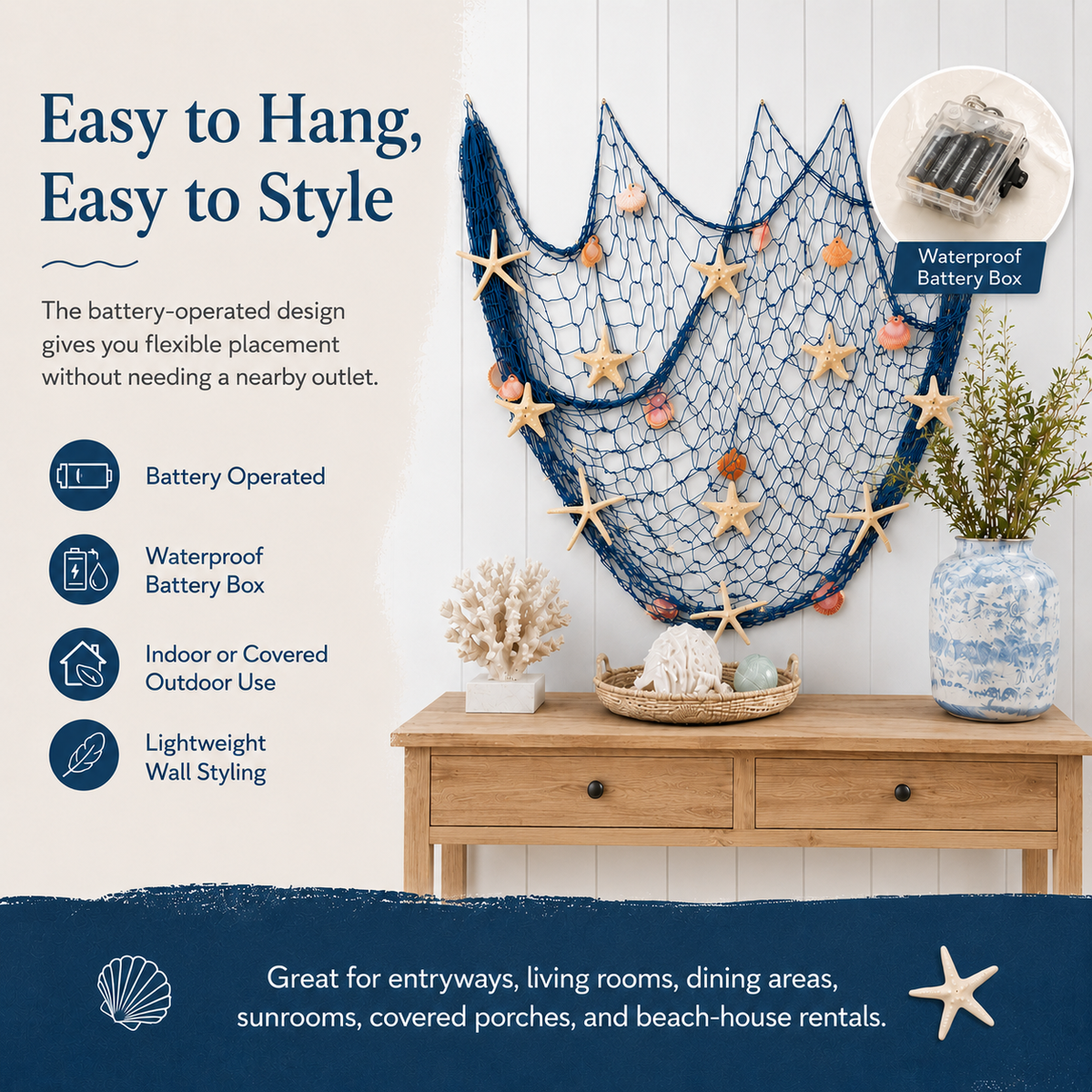 πβ¨ Coastal Fishing Net Wall Hanging with Fairy Lights