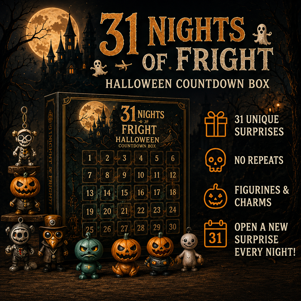 ๐๐ Nights of Fright Halloween Countdown Box | Unique Mini Figurines, Hanging Charms & Spooky Collectibles ๐ปโจ
