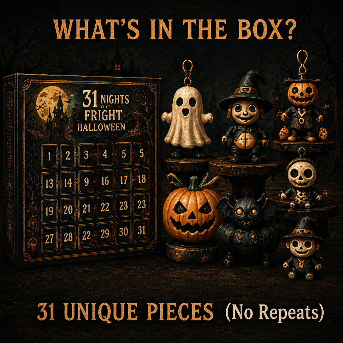 ๐๐ Nights of Fright Halloween Countdown Box | Unique Mini Figurines, Hanging Charms & Spooky Collectibles ๐ปโจ