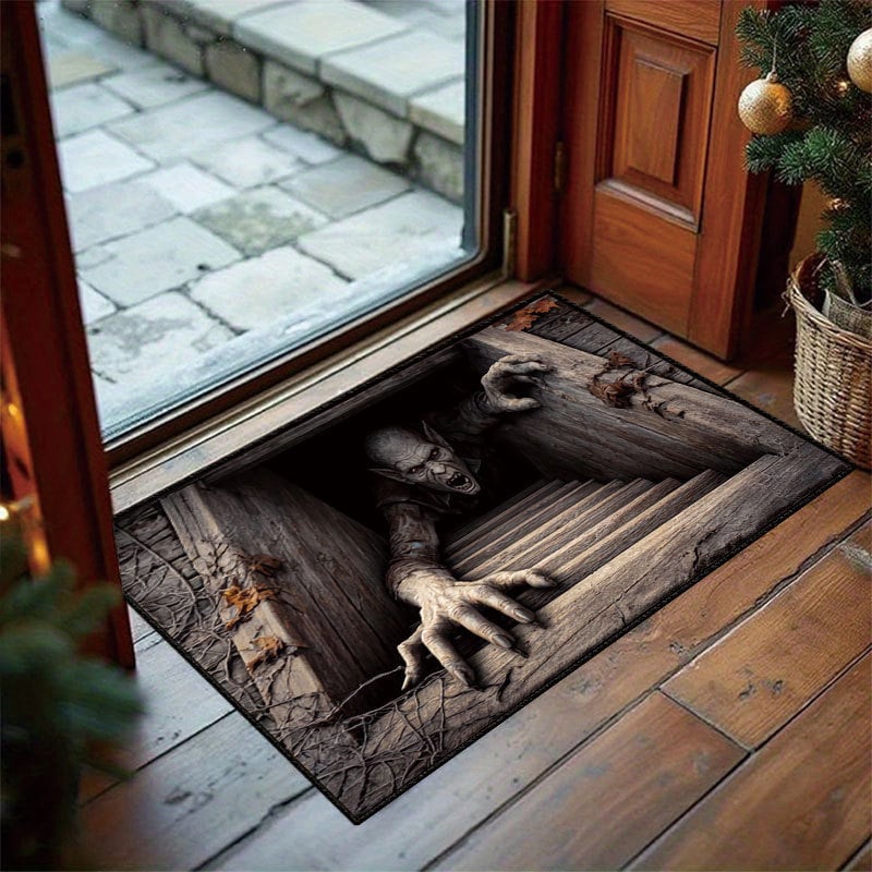 💀 LAST DAY 50% OFF – 3D Illusion Skull Pit Mat – Halloween Skeleton Crawling Out Area Rug 🎃