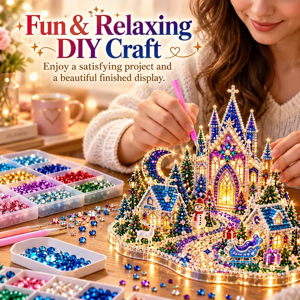 DIY Crystal Art Kit with LED Lighting – Sparkling Flat Mini Art Scenes to Create Yourself