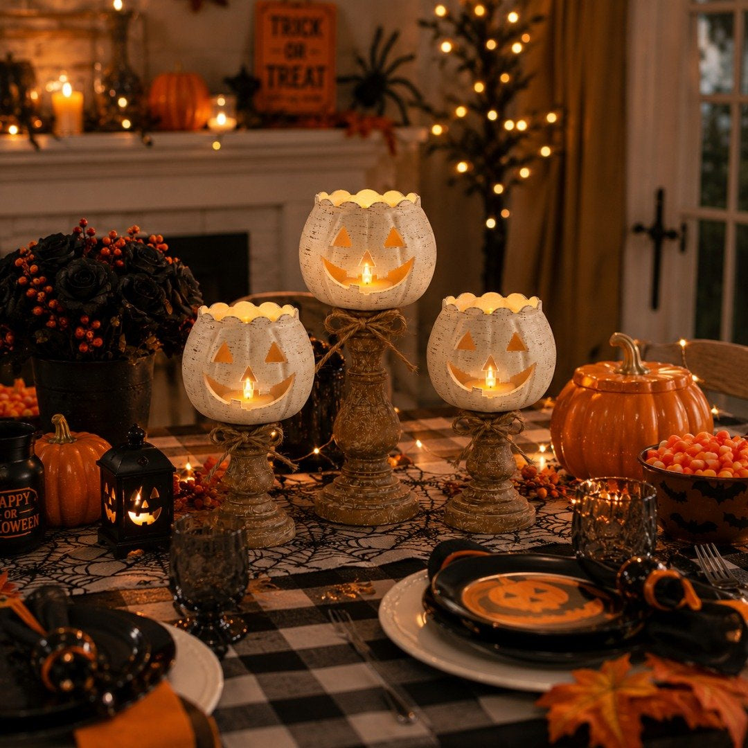π Last Day 50% OFFβ¨-π―οΈ Set of 3 White Pumpkin Candle Holders for Cozy Autumn Home Decor β¨