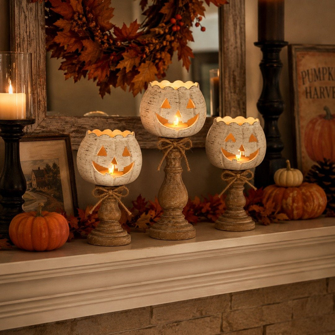 π Last Day 50% OFFβ¨-π―οΈ Set of 3 White Pumpkin Candle Holders for Cozy Autumn Home Decor β¨