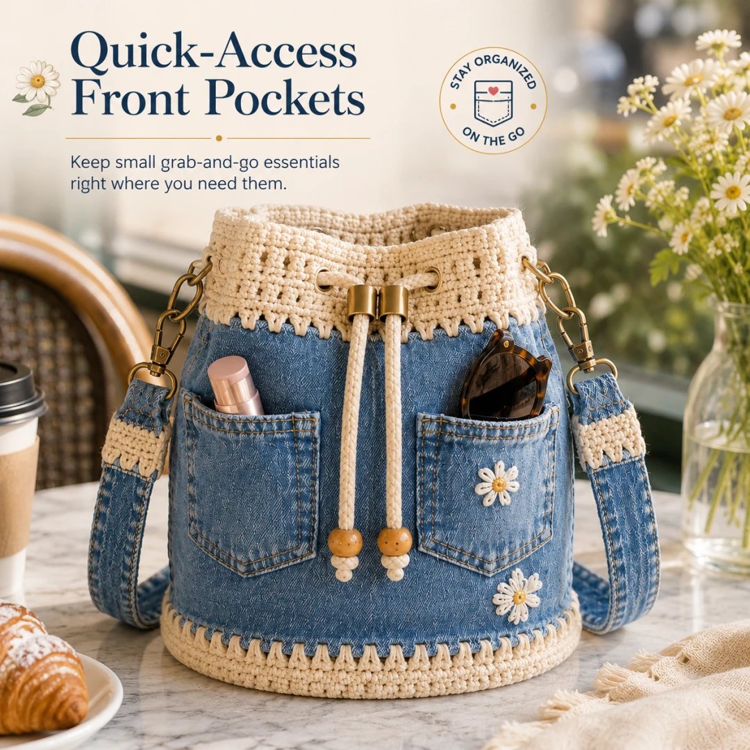 👜✨Handmade Denim Crochet Bucket Bag Stylish Woven Shoulder Tote Everyday Fashion✨👜