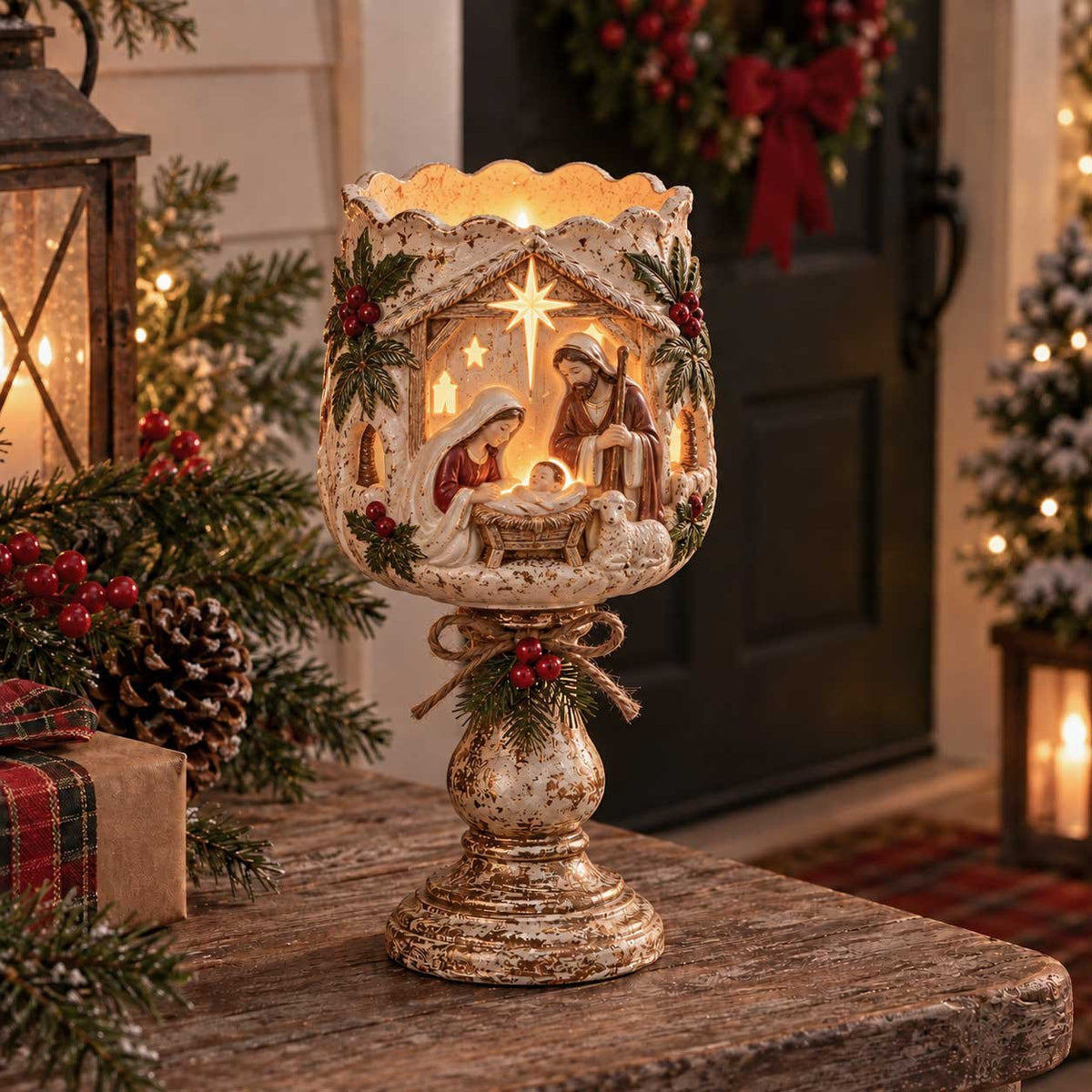 🎄🕯️Vintage Distressed Christmas Pedestal Candle Holder