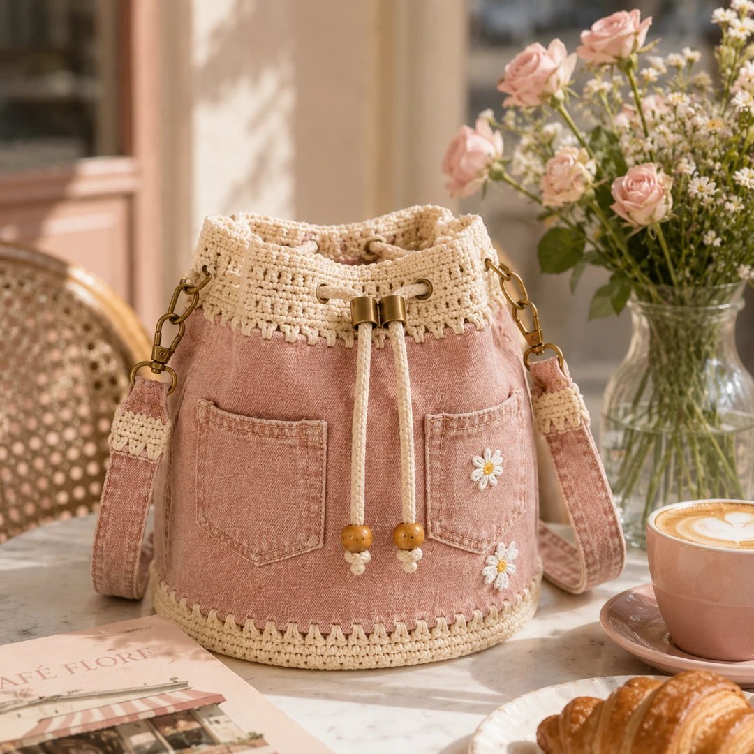 👜✨Handmade Denim Crochet Bucket Bag Stylish Woven Shoulder Tote Everyday Fashion✨👜