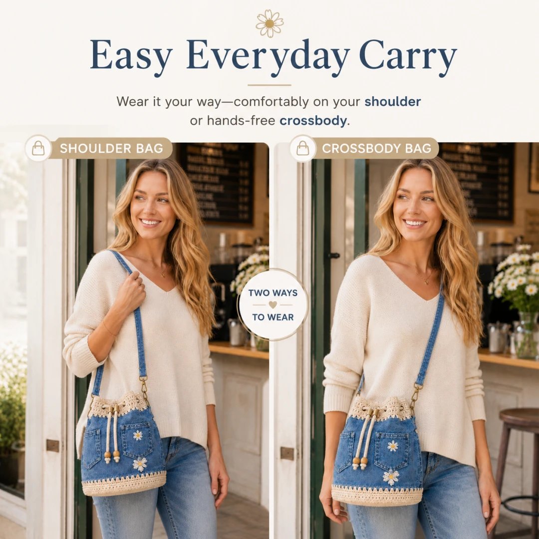 👜✨Handmade Denim Crochet Bucket Bag Stylish Woven Shoulder Tote Everyday Fashion✨👜