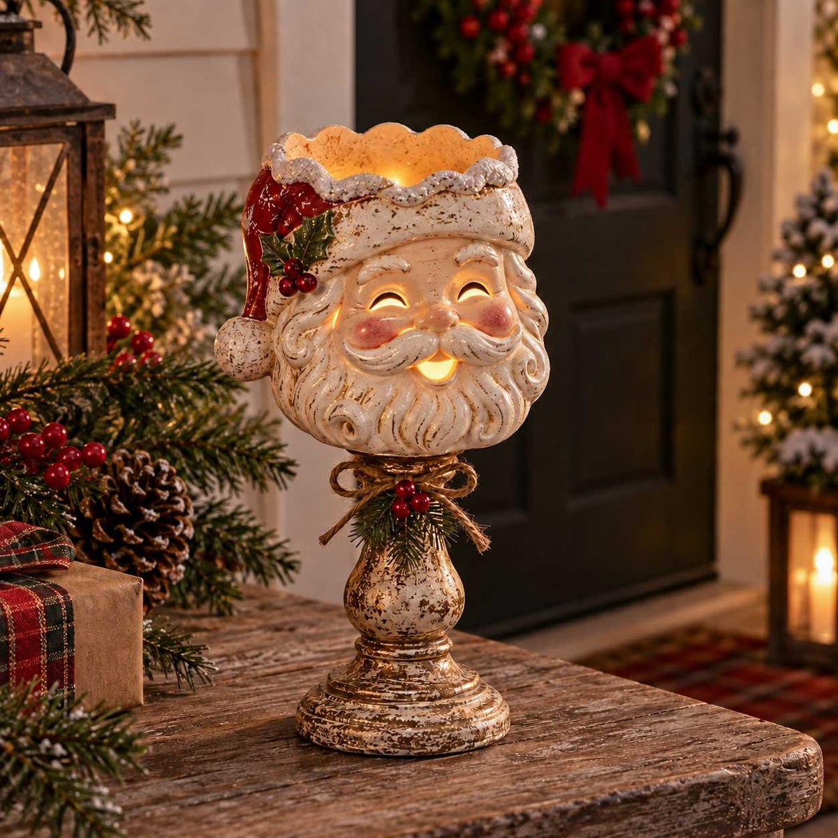 🎄🕯️Vintage Distressed Christmas Pedestal Candle Holder