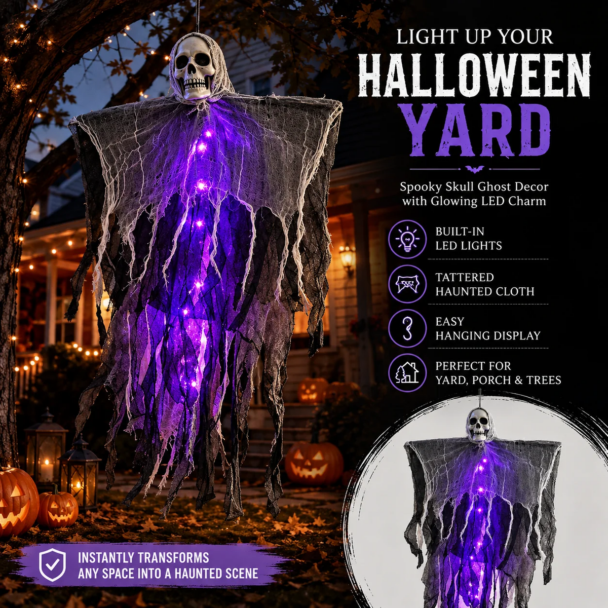 π» LED Hanging Ghost Halloween Decoration β Glowing Skull & Spooky Gauze