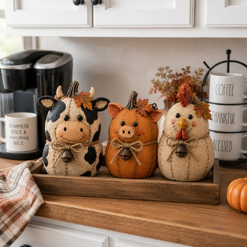 Rustic Farm Pumpkin Friends – Cow Pig Chicken Fall Decor Set