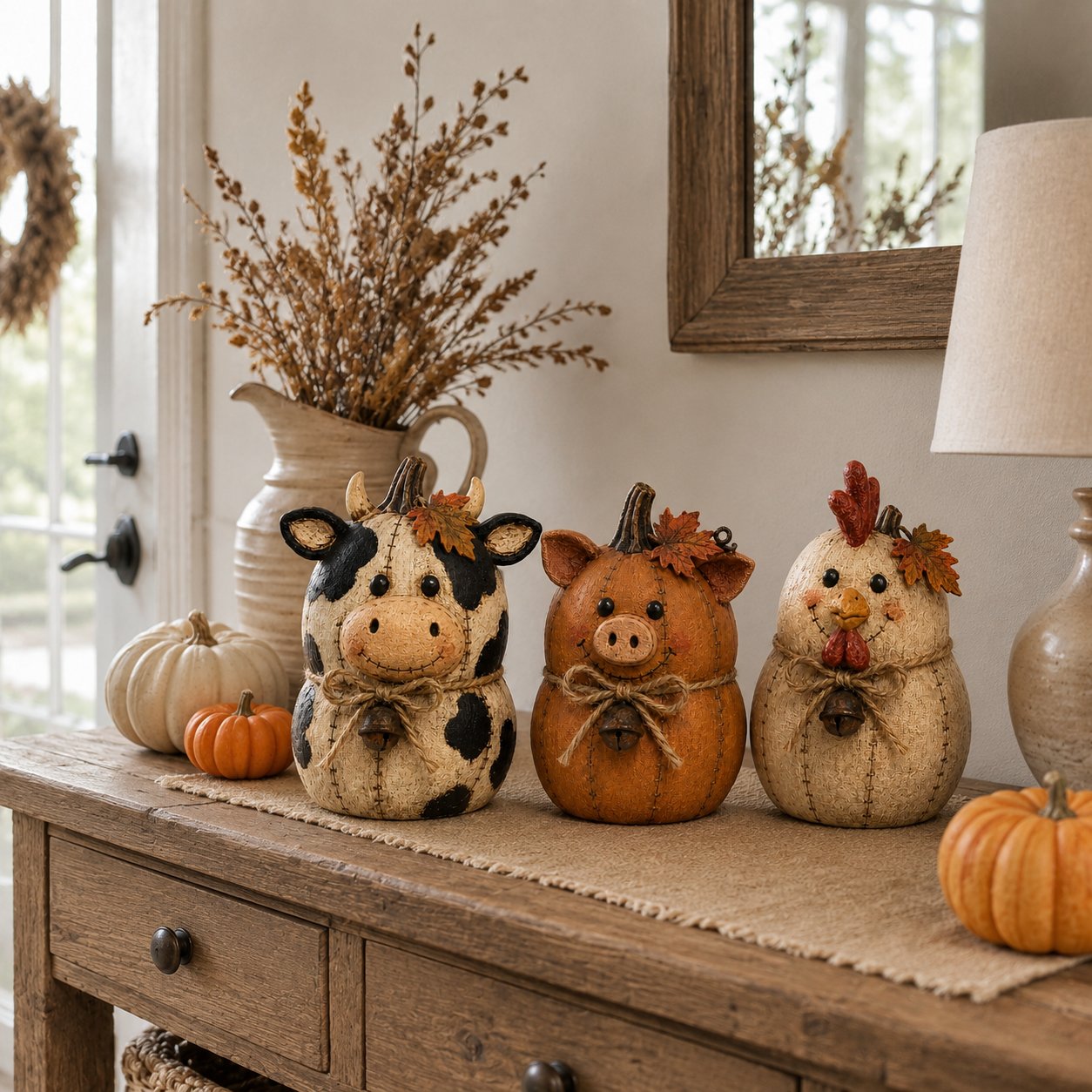 Rustic Farm Pumpkin Friends – Cow Pig Chicken Fall Decor Set
