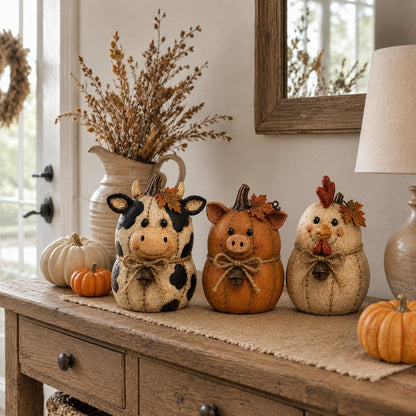 Rustic Farm Pumpkin Friends – Cow Pig Chicken Fall Decor Set