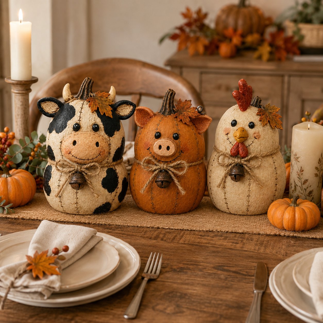 Rustic Farm Pumpkin Friends – Cow Pig Chicken Fall Decor Set
