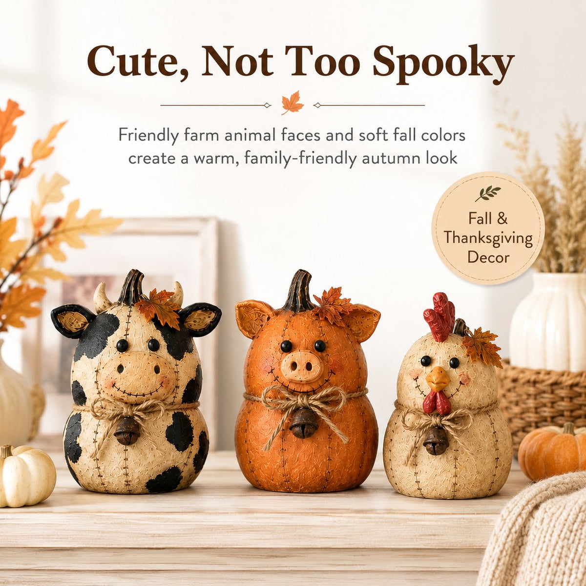 Rustic Farm Pumpkin Friends – Cow Pig Chicken Fall Decor Set