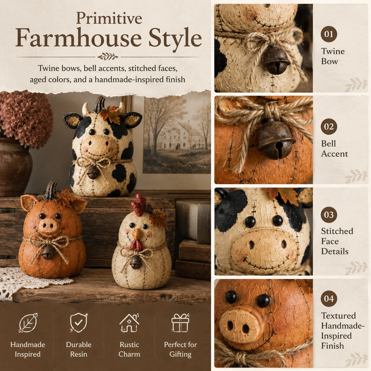 Rustic Farm Pumpkin Friends – Cow Pig Chicken Fall Decor Set
