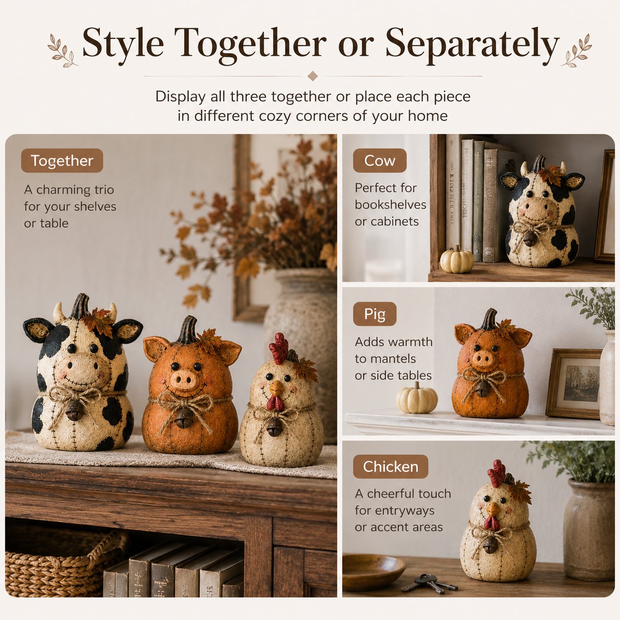 Rustic Farm Pumpkin Friends – Cow Pig Chicken Fall Decor Set