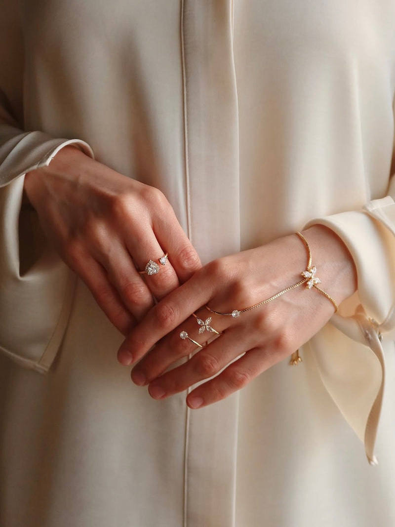 14K Gold Hand Chain Bracelet With Finger Ring | Dainty Cubic Zirconia Leaf Heart Hand Harness Adjustable Slider Wrist Ring Jewelry For Wedding Party Daily Gift ✨