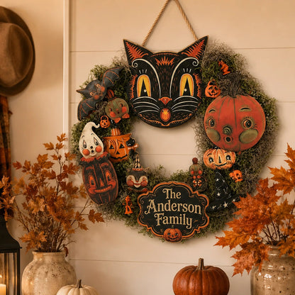 🐈 Last Day 50% OFF✨-🎃Personalized Black Cat Halloween Door Sign with Family Name for Cozy Fall Porch Decor 🐈‍⬛