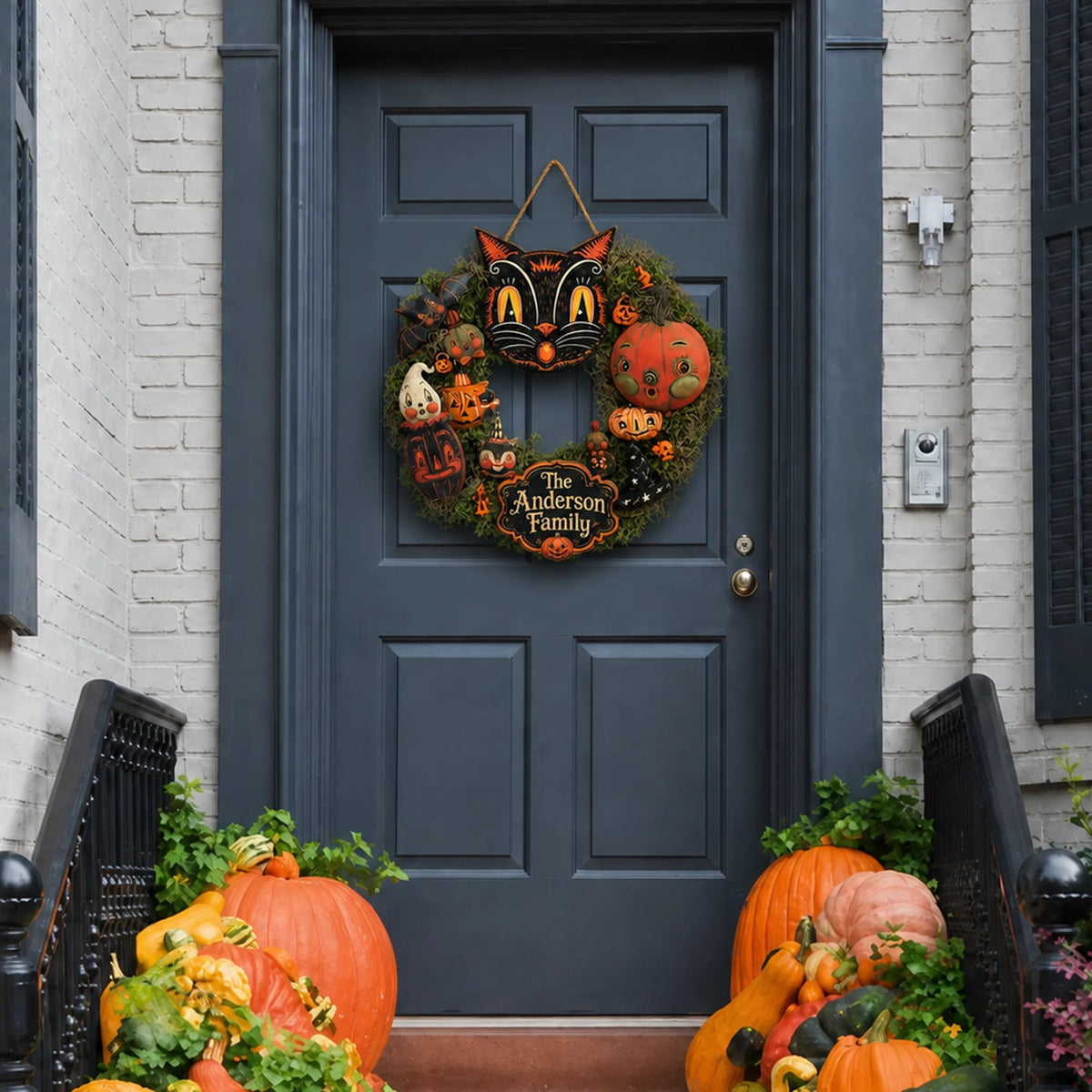 🐈 Last Day 50% OFF✨-🎃Personalized Black Cat Halloween Door Sign with Family Name for Cozy Fall Porch Decor 🐈‍⬛