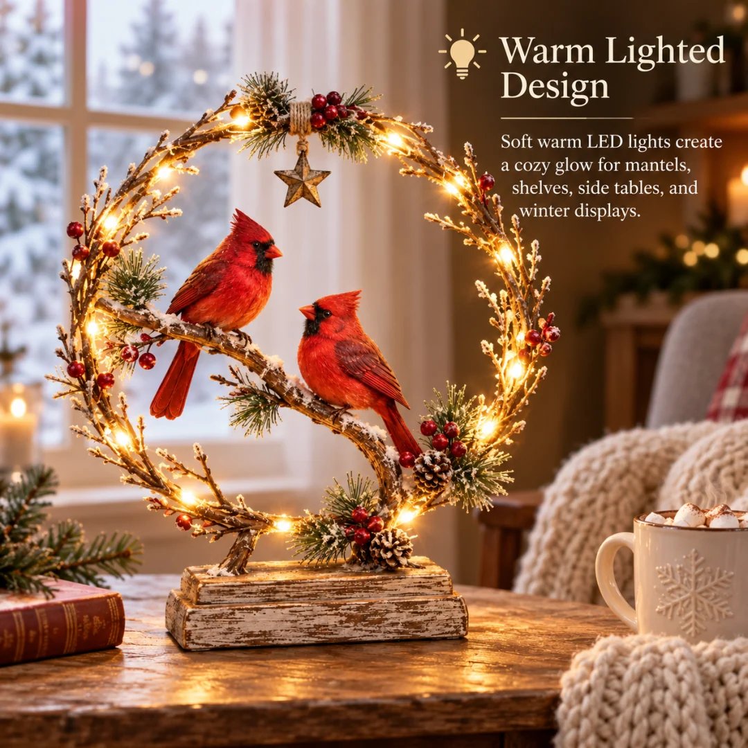 🔥 Last Day 50% OFF✨-Lighted Cardinal Tabletop Decor, Rustic Red Cardinal Pair with Warm LED Lights