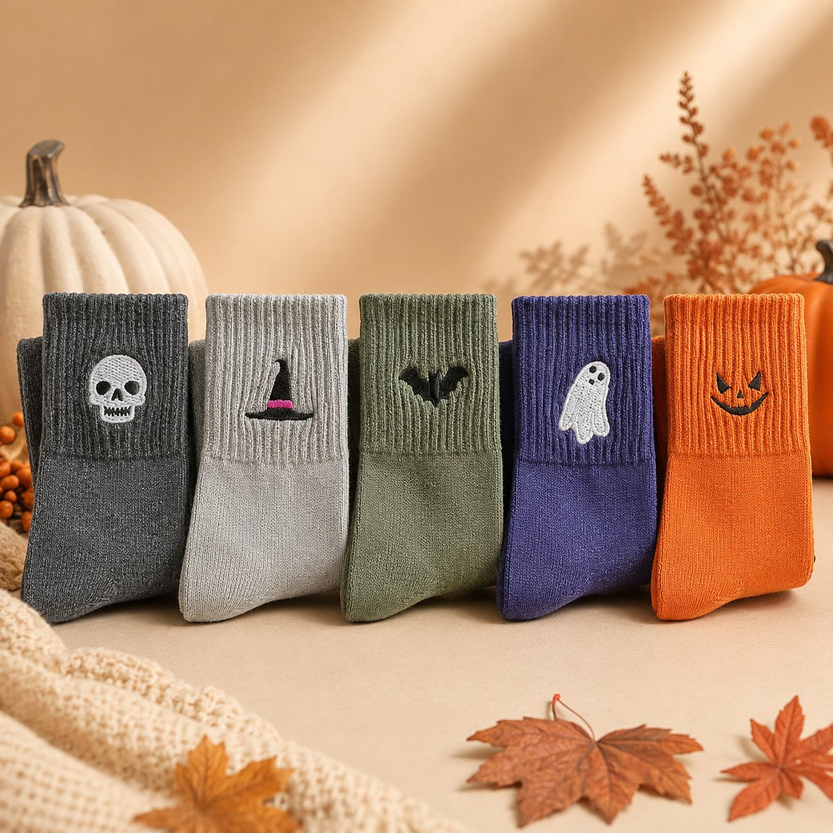 🔥🎃 100% Cotton - Viral Halloween Embroidered Crew Socks – Cute Spooky Knit Socks✨