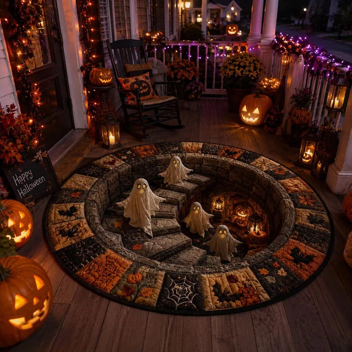🎃👻 3D Haunted Staircase Round Rug Spooky Halloween Optical Illusion Floor Decor🔥