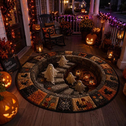 🎃👻 3D Haunted Staircase Round Rug Spooky Halloween Optical Illusion Floor Decor🔥