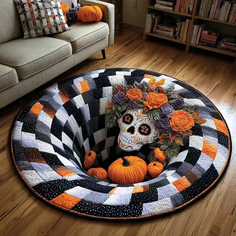 ⏰Last day Promotion 🔥🎃3D Skeleton Vortex Quilted Round Halloween Rug