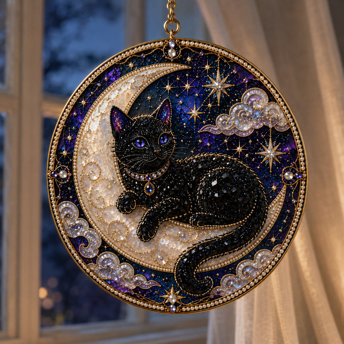 🌙🐈‍⬛ LAST DAY 49% OFF – ✨ Premium 3D Pearl Celestial Black Cat Window Hanging Kit | Luxury Flocked Canvas with Scratch-Resistant Non-Fading Pearl Beads DIY Handmade Moonlight Suncatcher Decor 🔮💎