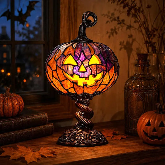 🎃 Stained Glass Pumpkin Table Lamp – Vintage Gothic Halloween Decor
