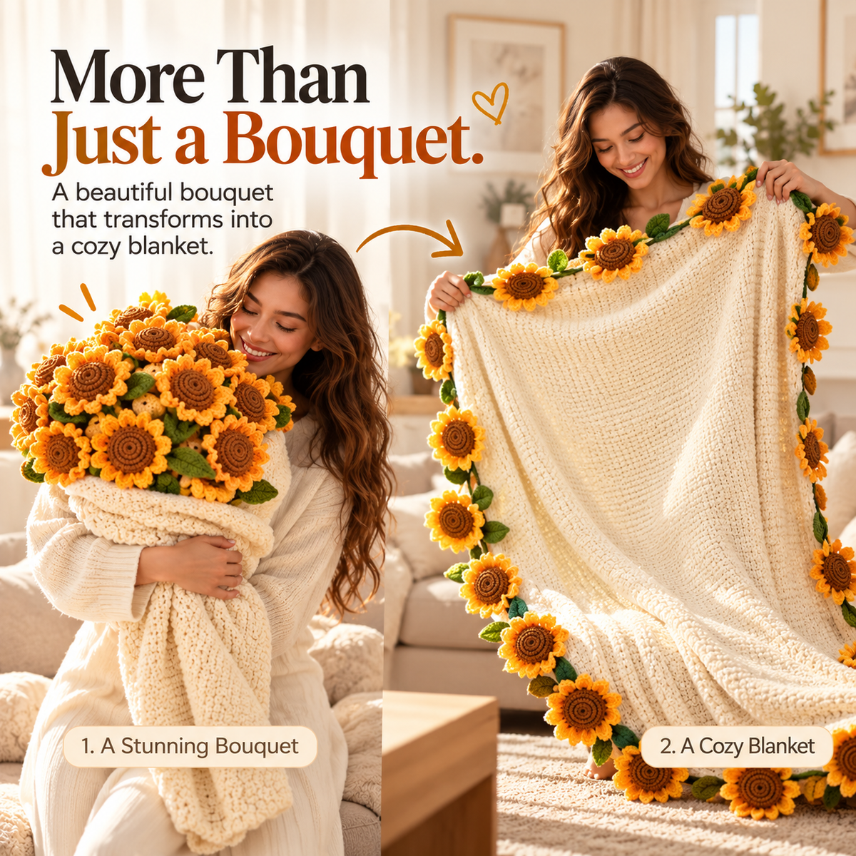 🌻 50% OFF – Handmade Sunflower Bouquet Blanket – Crochet Flower Gift Blanket for Her 💛✨