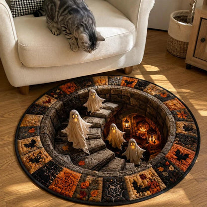🎃👻 3D Haunted Staircase Round Rug Spooky Halloween Optical Illusion Floor Decor🔥