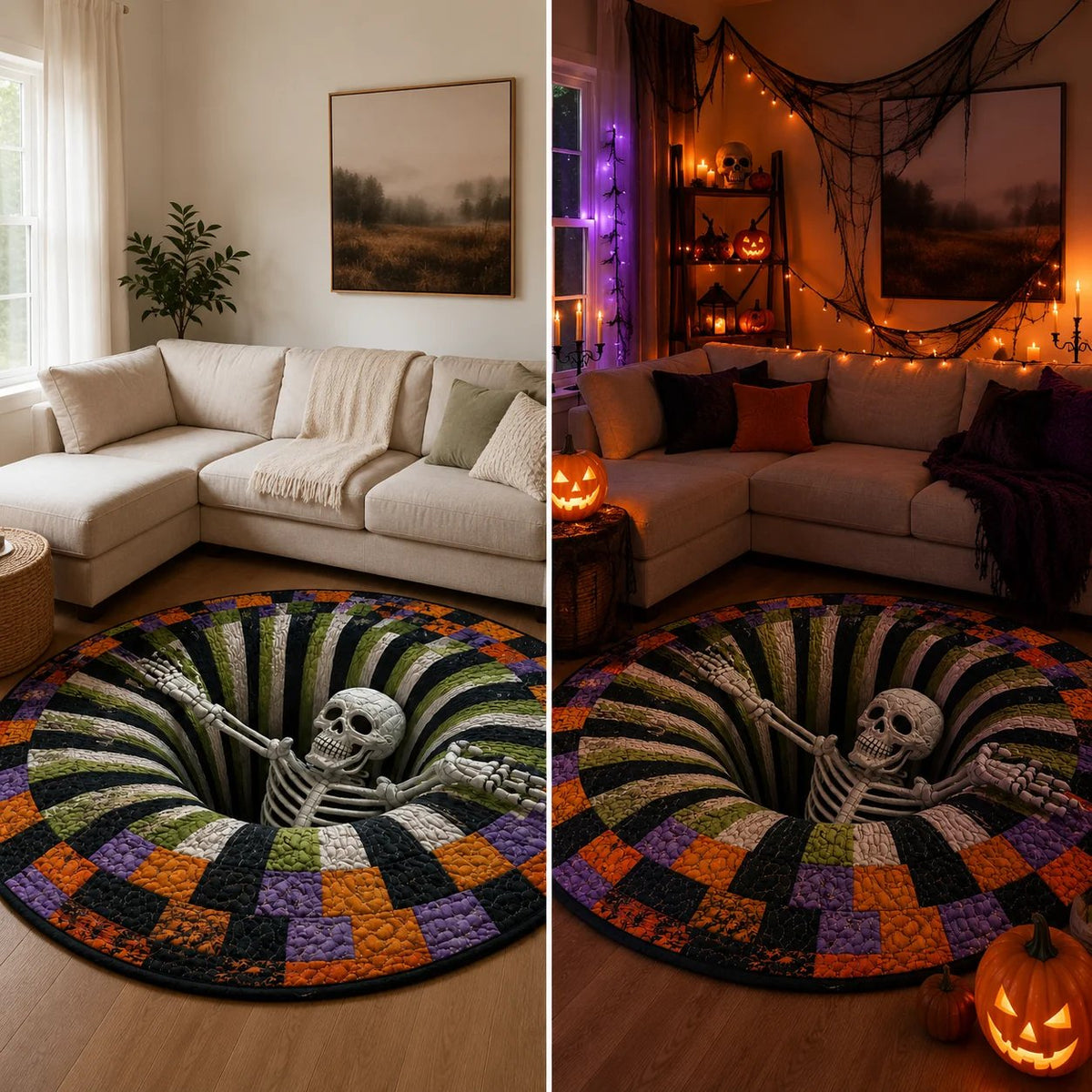 ⏰Last day Promotion 🔥🎃3D Skeleton Vortex Quilted Round Halloween Rug