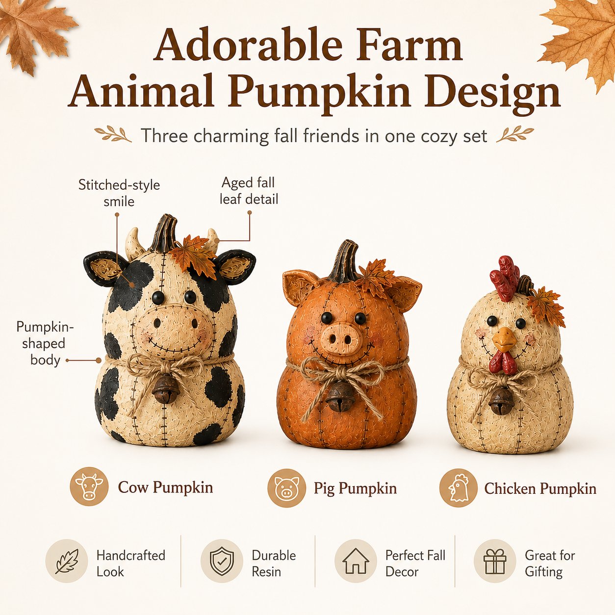 Rustic Farm Pumpkin Friends – Cow Pig Chicken Fall Decor Set