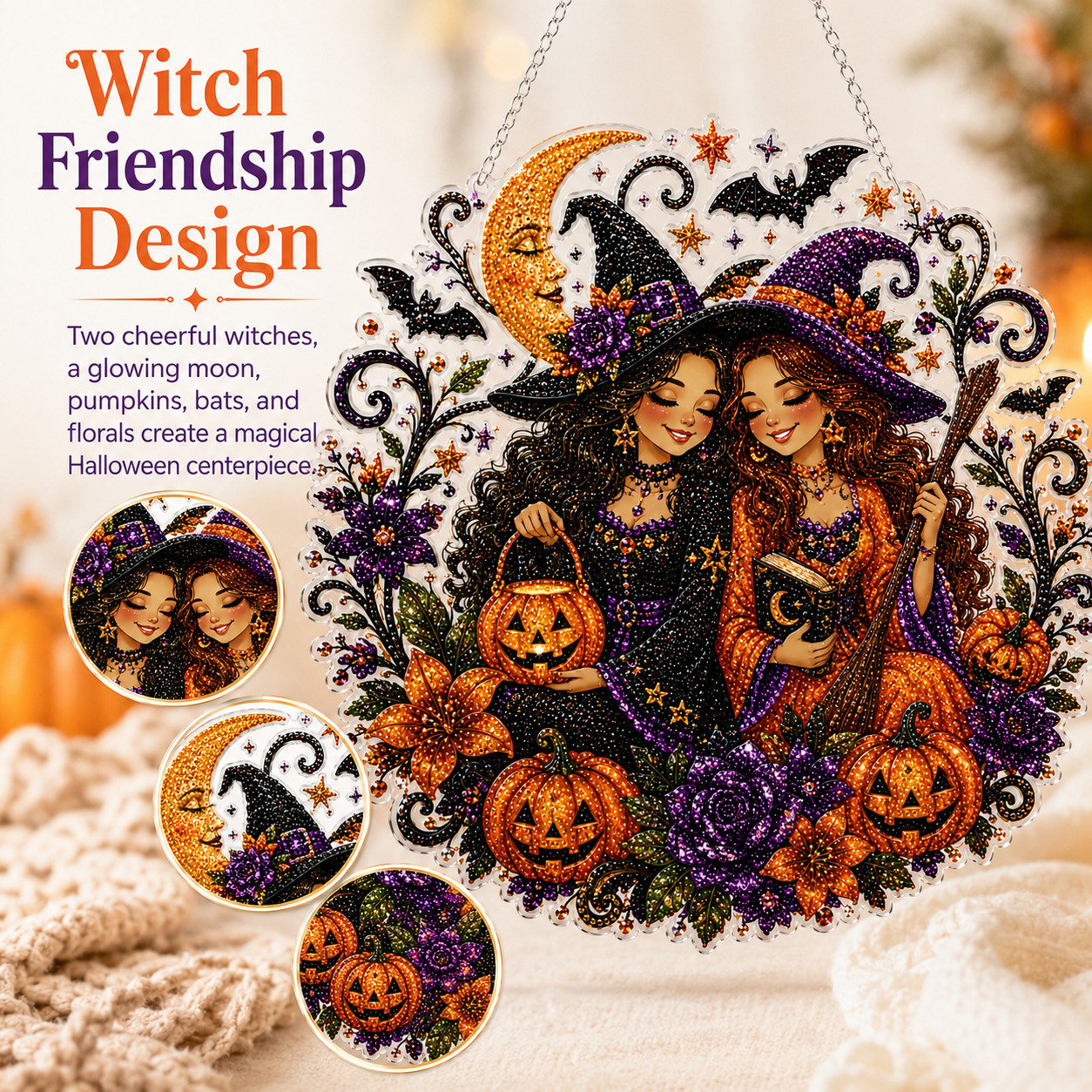 🎃Halloween Witch Friendship Diamond Art Suncatcher Sparkling Window Decor Gift✨