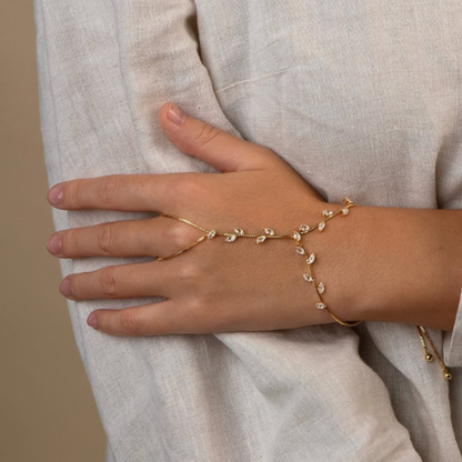 14K Gold Hand Chain Bracelet With Finger Ring | Dainty Cubic Zirconia Leaf Heart Hand Harness Adjustable Slider Wrist Ring Jewelry For Wedding Party Daily Gift ✨