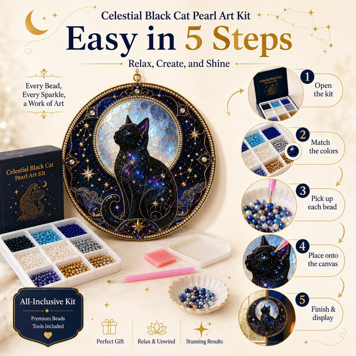 🔥Last Day 50% OFF -🌙🐈‍⬛ Premium 3D Pearl Celestial Black Cat Window Hanging Kit
